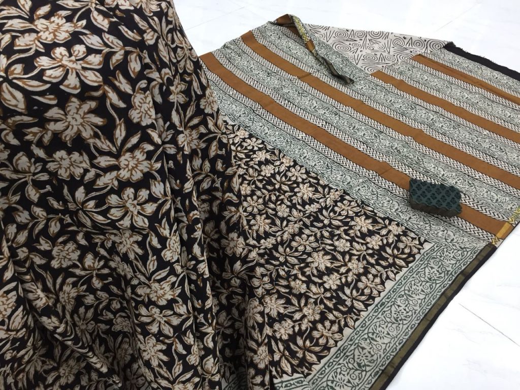 Black floral kalamkari rapid print casual wear zari border cotton saree with blouse
