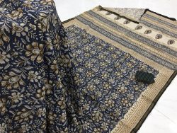 Navy blue floral kalamkari rapid print casual wear zari border cotton saree with blouse