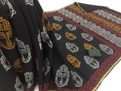 Black bagru kalamkari print casual wear zari border cotton mulmul saree with blouse
