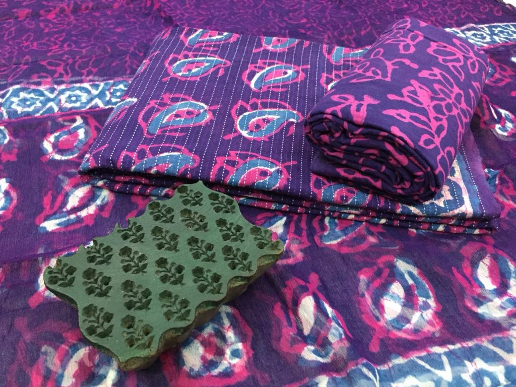 purple kerry print office wear kantha work cotton suit with pure chiffon dupatta