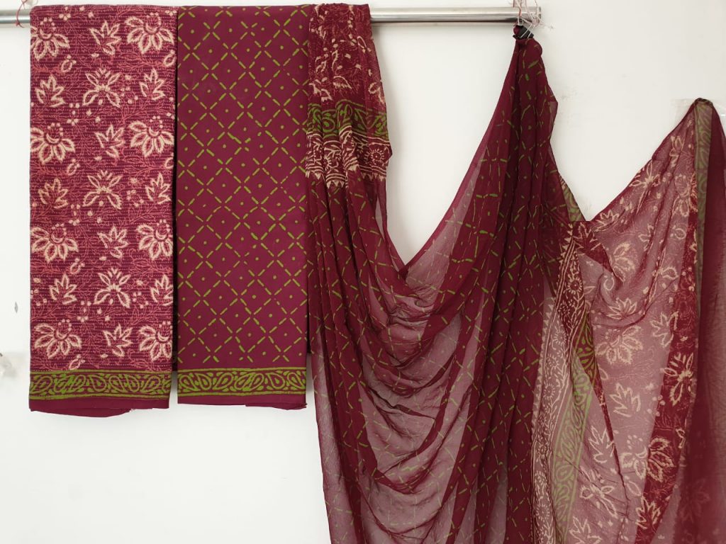 Maroon office wear floral print kantha work cotton suit with pure chiffon dupatta