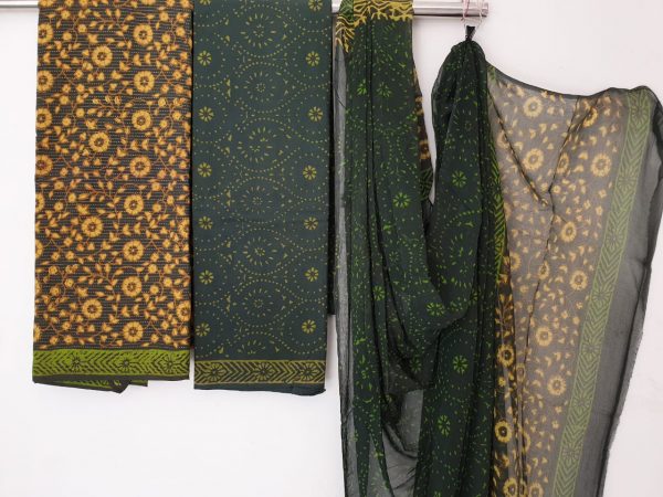 Olive office wear kantha work cotton suit with pure chiffon dupatta