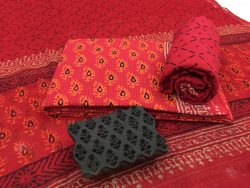 Red booty print office wear kantha work cotton suit with pure chiffon dupatta