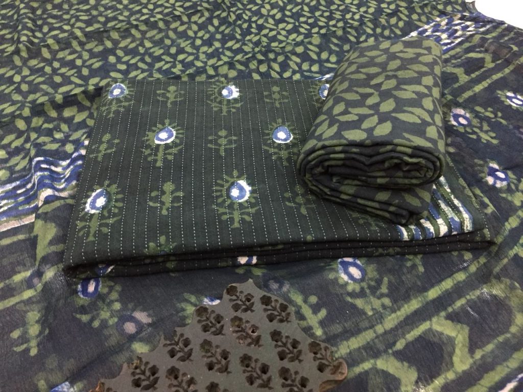 Olive booty print office wear kantha work cotton suit with pure chiffon dupatta