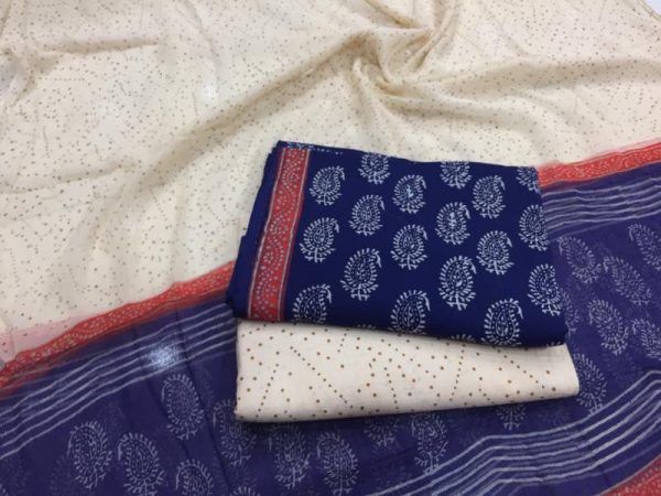 Dress material blue beige bagru kerry print pure cotton suit set with chiffon dupatta