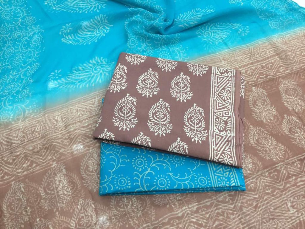 Unstitched tan bagru kerry print pure cotton salwar suit with chiffon dupatta