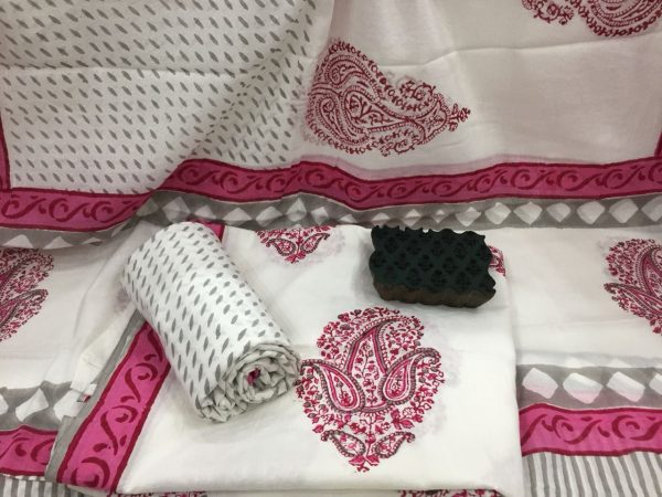 White pink mugal kerry print daily wear cotton dupatta suit
