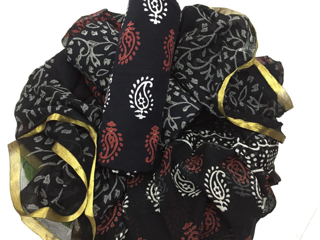 Black jaipuri bagru kerry Print regular wear zari border pure cotton suit