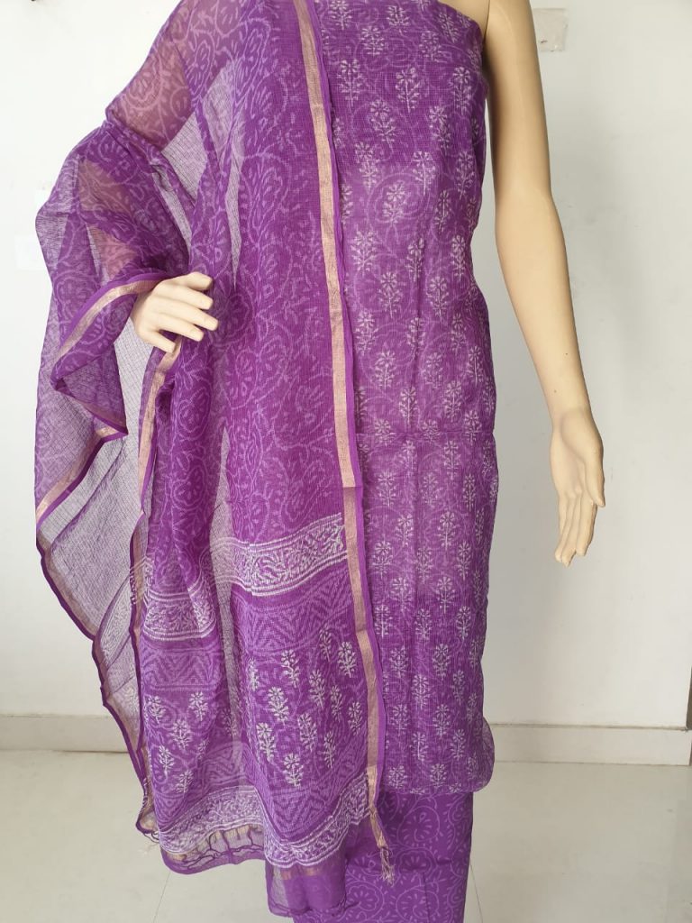 Jaipuri purple bagru booty print party wear kota doria suits with kota doria dupatta