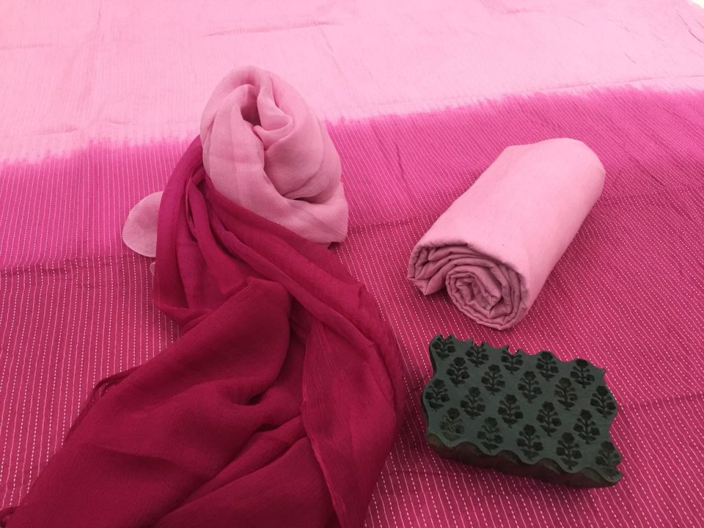 Magenta pink plain shaded kantha suit set with pure chiffon dupatta