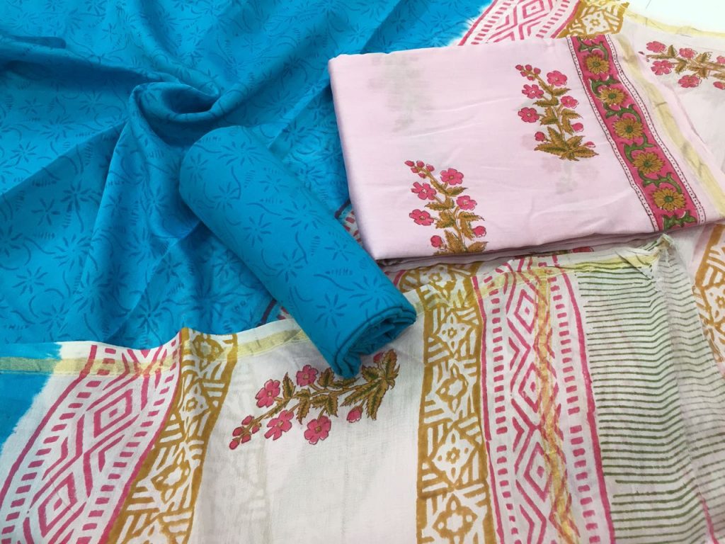 Pink blue mugal print casual wear chanderi silk salwar suit set