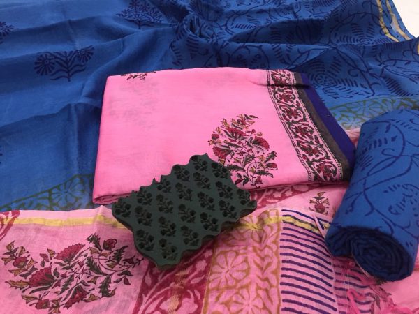 Pink blue mugal print casual wear chanderi silk salwar kameez set