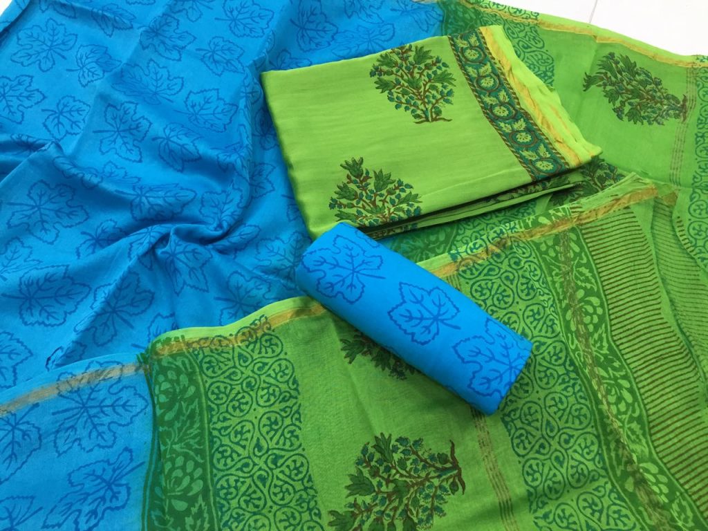 Green mugal leaf print casual wear chanderi silk suit set