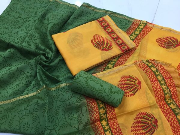 Yellow green mugal print casual wear chanderi silk suit set