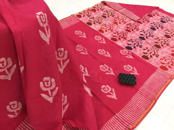 Red mugal print daily wear zari border cotton mulmul saree with blouse