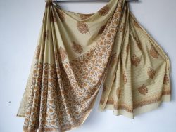 Beige mugal print daily wear zari border cotton mulmul saree with blouse