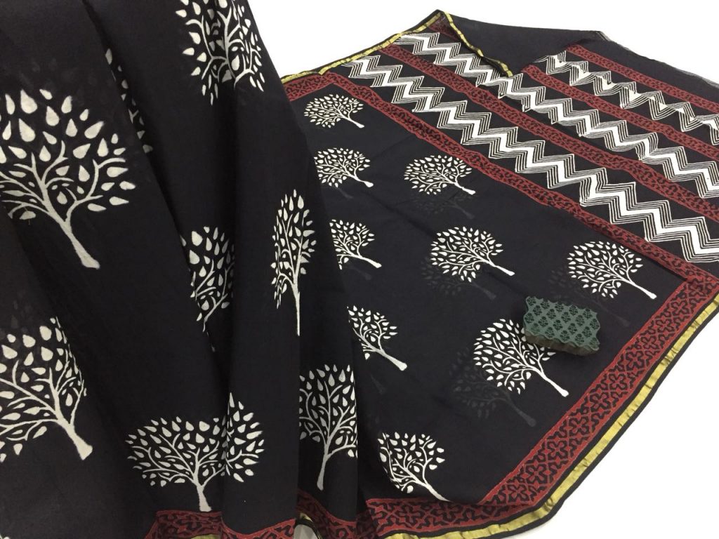 Black mugal tree print daily wear zari border cotton mulmul saree with blouse