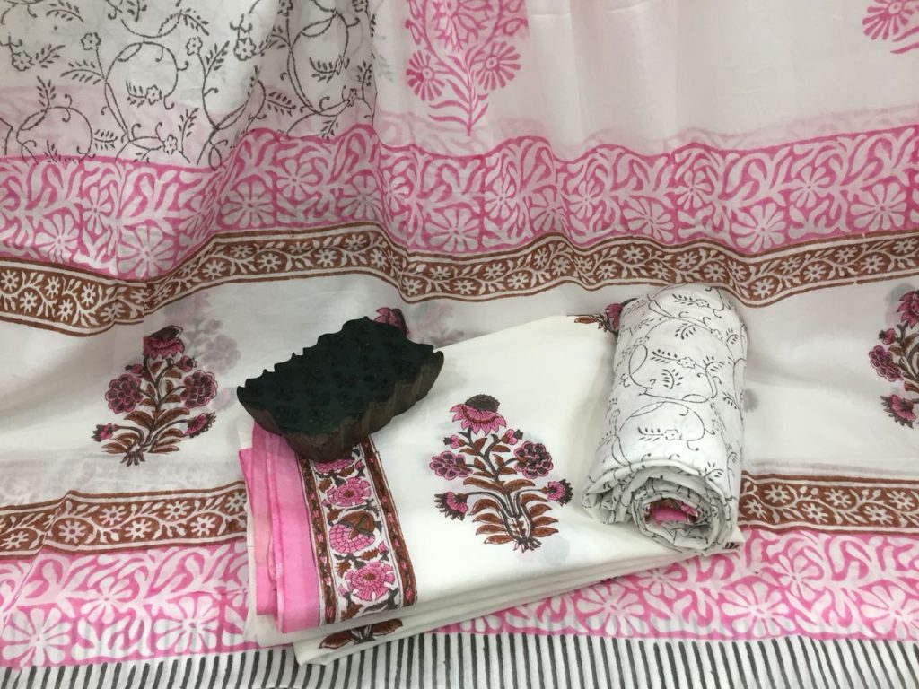 Traditional white pink mugal floral print daily wear cotton dupatta suit