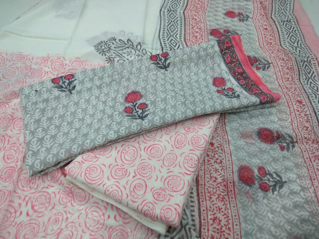 Natural white mugal booty print daily wear cotton dupatta suit