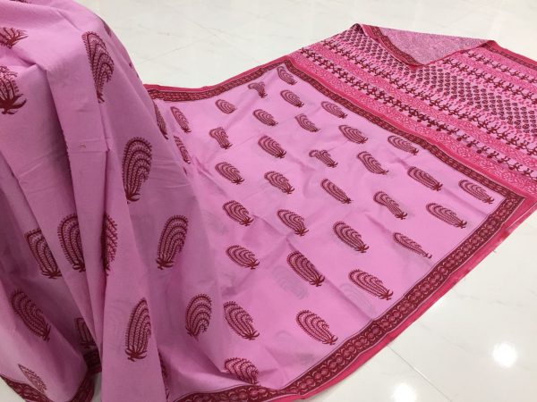 Pink mugal print casual wear cotton mulmul saree with blouse piece