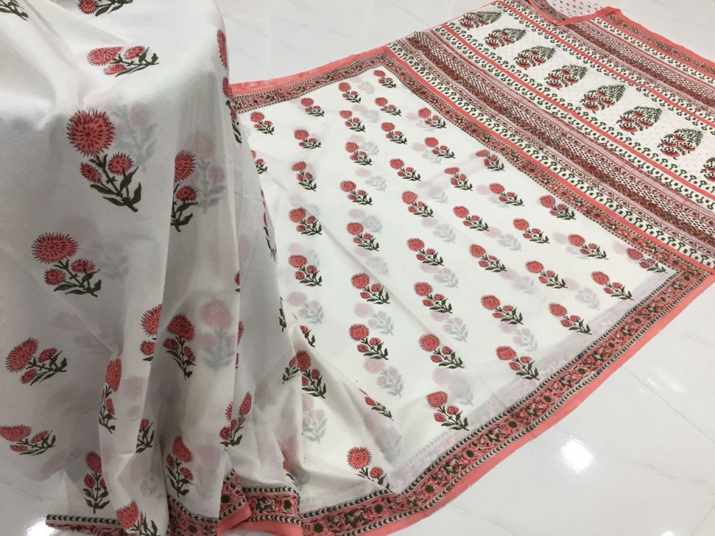 Jaipuri white mugal print casual wear cotton mulmul saree with blouse piece