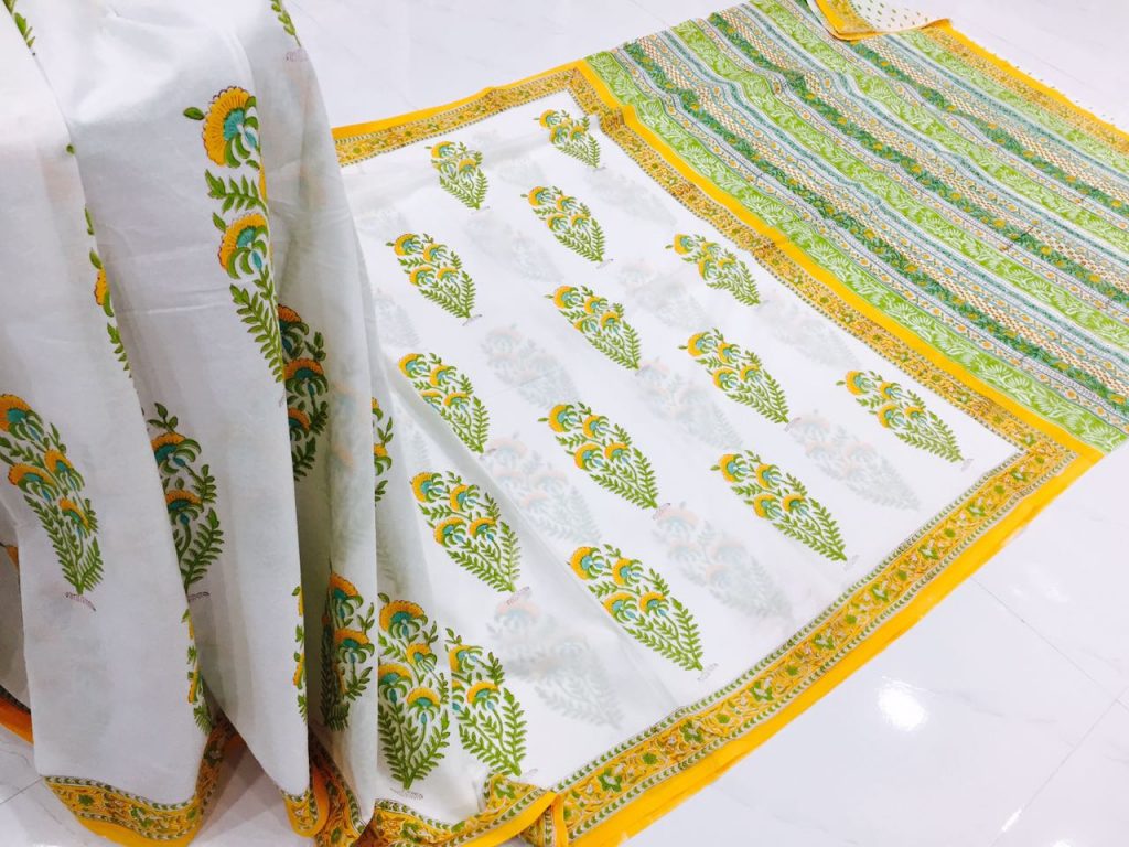 Exclusive white mugal print casual wear cotton mulmul saree with blouse piece