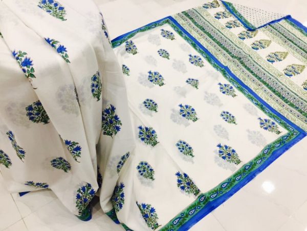 Superior quality white mugal print regular wear cotton mulmul saree with blouse piece