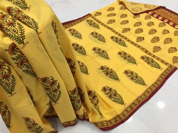 Superior quality yellow mugal print regular wear cotton mulmul saree with blouse piece