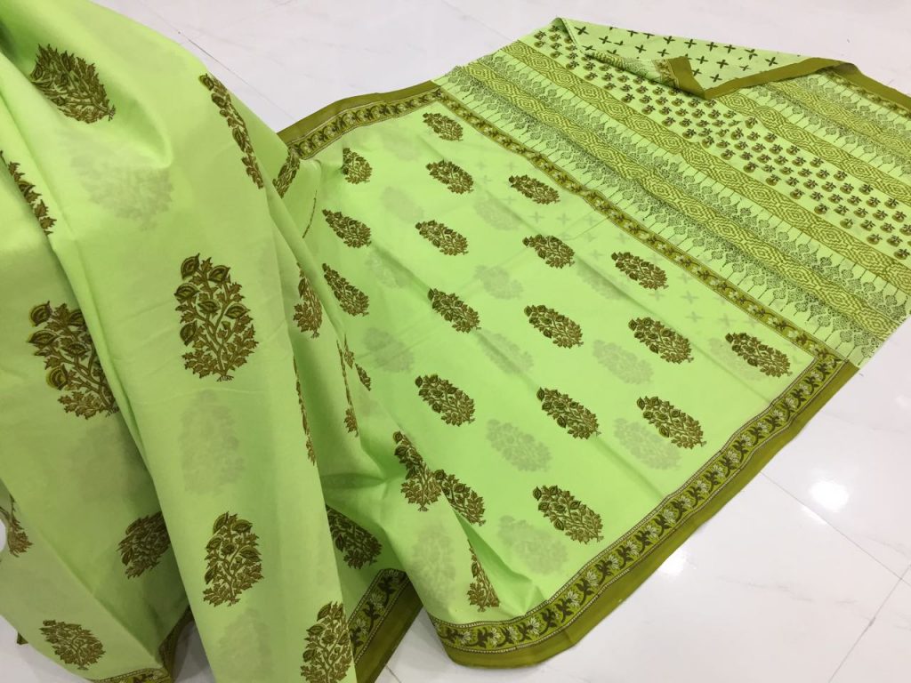 Jaipuri green mugal print regular wear cotton mulmul saree with blouse piece