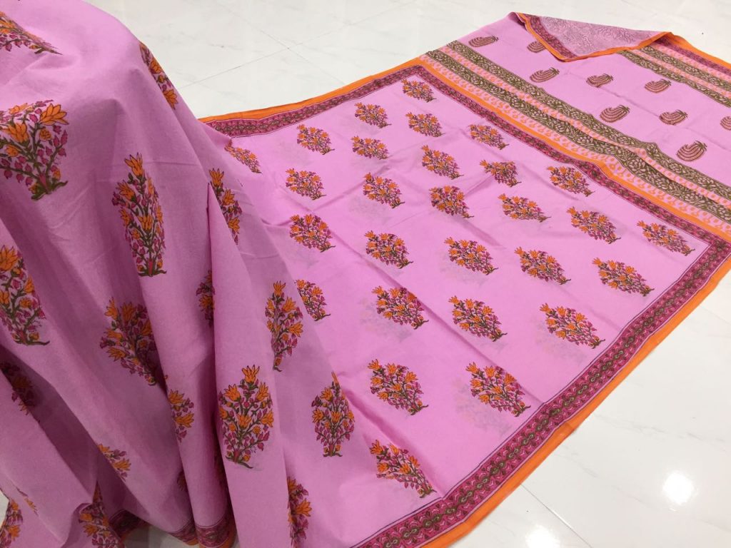 Ladies pink mugal print regular wear cotton mulmul saree with blouse piece
