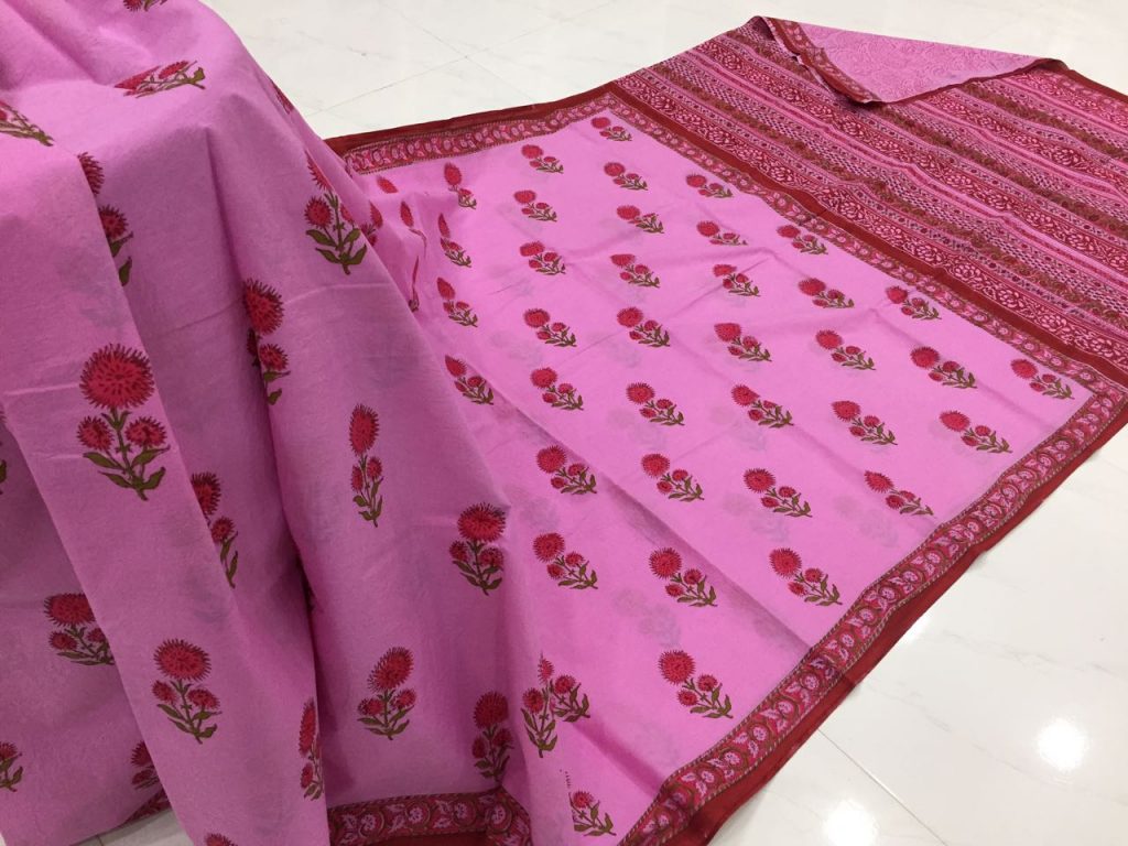 Exclusive pink mugal print casual wear cotton mulmul saree with blouse piece