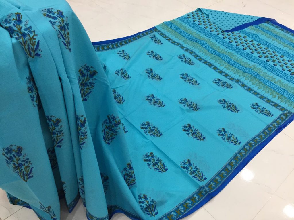 Superior quality sky blue mugal print regular wear cotton mulmul saree with blouse piece