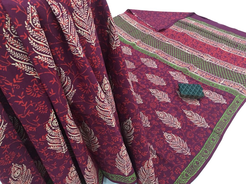 Plum mugal print casual wear cotton mulmul saree with blouse piece