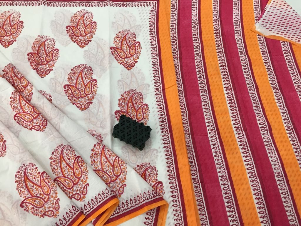 Exclusive white mugal print daily wear mulmul cotton sarees with blouse piece