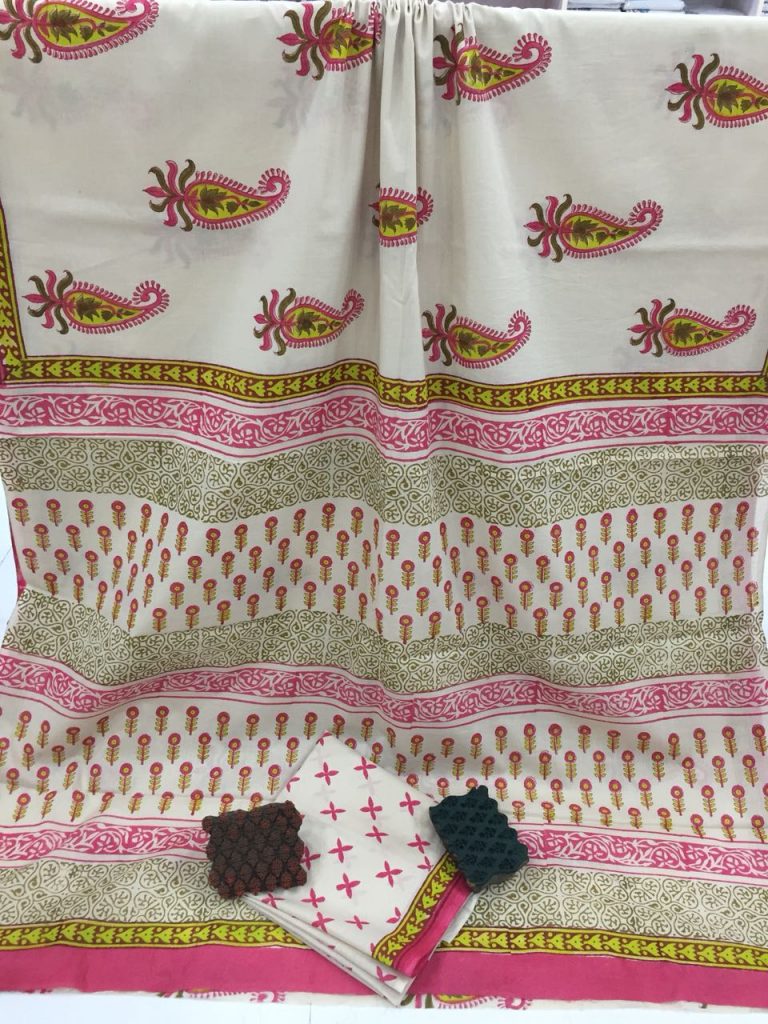 White mugal kerry print casual wear cotton mulmul saree with blouse piece