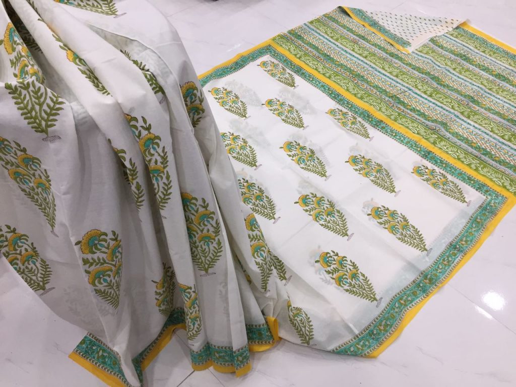 Traditional white mugal print casual wear cotton mulmul saree with blouse piece