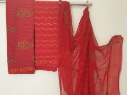 Red office wear mugal waves print kantha suit set with chiffon dupatta