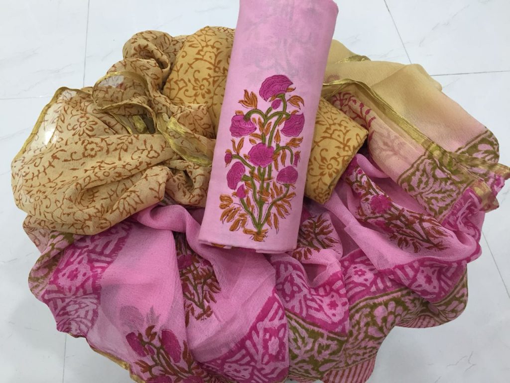 Pink mugal floral print casual wear zari border cotton suit
