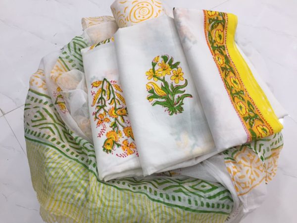 Unstitched white mugal print cotton salwar kameez set with pure chiffon dupatta