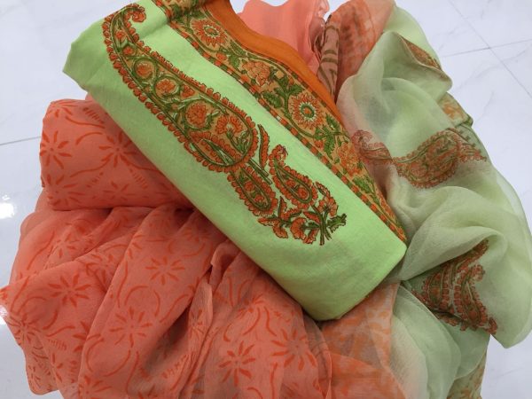 Spring green coral mugal print pure cotton suit with chiffon dupatta
