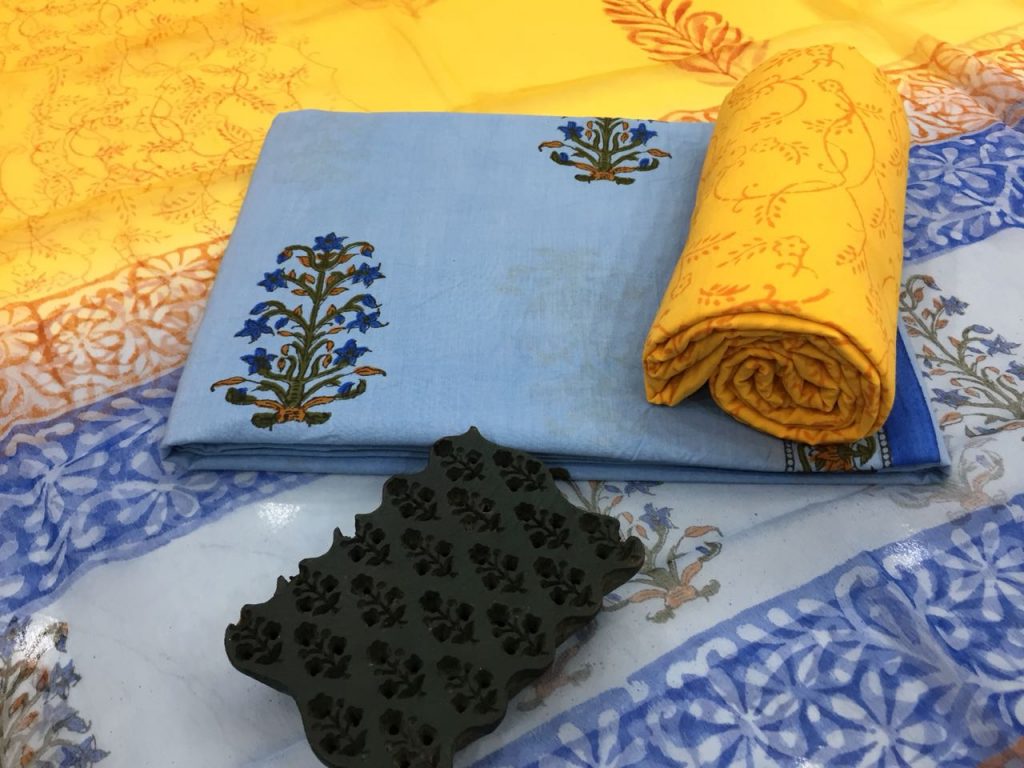 Ladies baby blue lemon mugal print cotton salwar suit with chiffon chunni