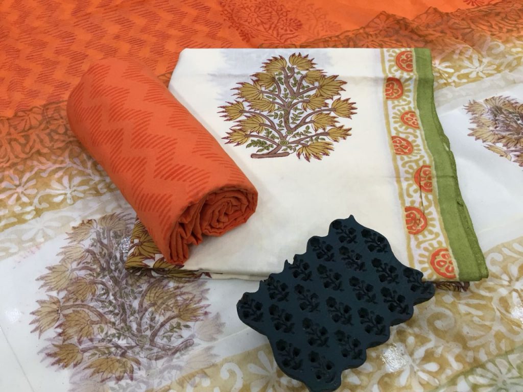 Jaipuri white orange-red mugal print cotton salwar kameez with chiffon chunni