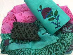 Turquoise violet mugal print cotton salwar kameez set with chiffon chunni