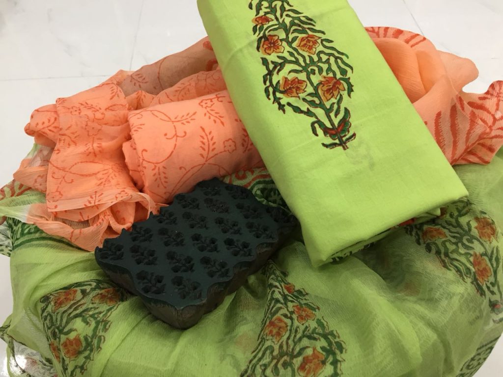 Dress material lime salmon mugal print cotton salwar suit set with chiffon chunni