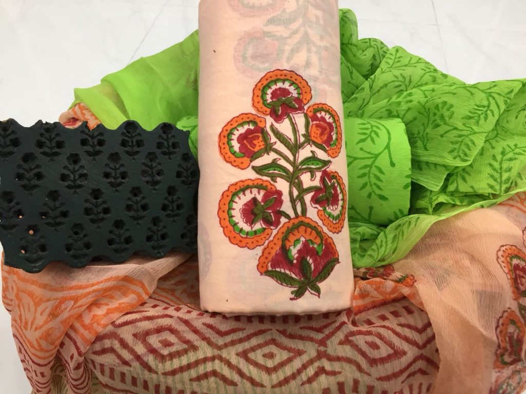 Desert sand green mugal print cotton salwar kameez set with chiffon chunni