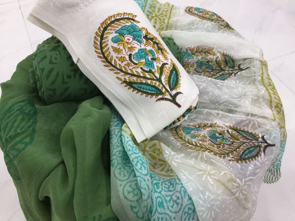 Dress material white viridian mugal print cotton suit with chiffon dupatta