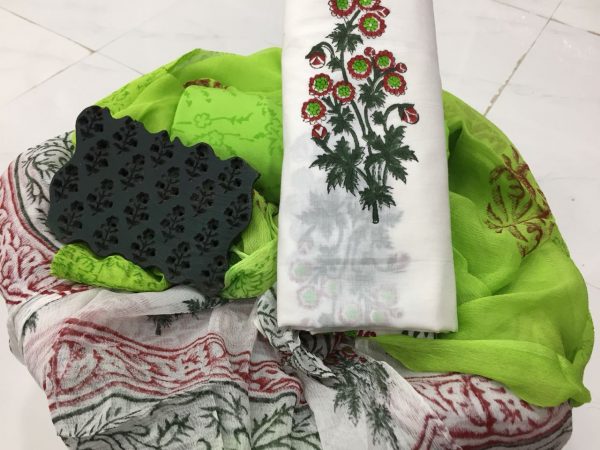 Traditional white green mugal print cotton salwar kameez with chiffon chunni