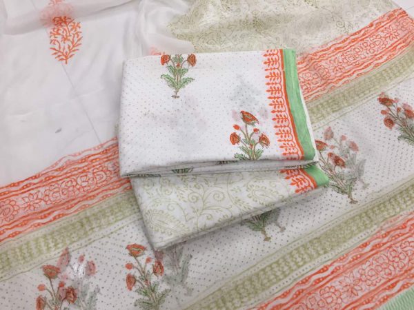 Natural white mugal print cotton salwar suit set with chiffon chunni