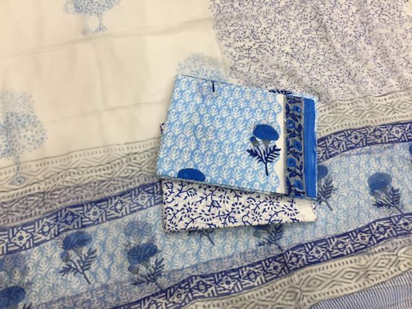 Dress material ivory mugal print cotton salwar kameez set with chiffon chunni