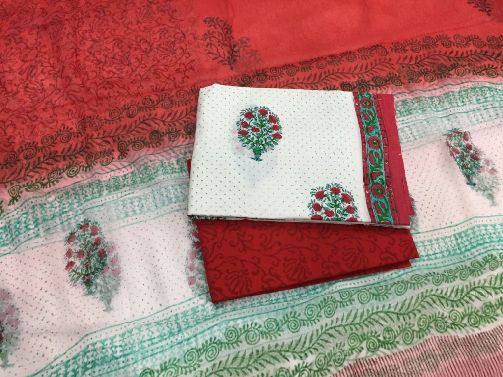 White carmine mugal print cotton salwar kameez set with chiffon chunni